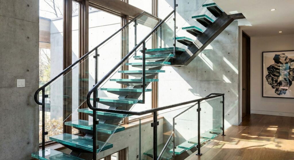 Escalera de hierro y cristal de interior para vivienda